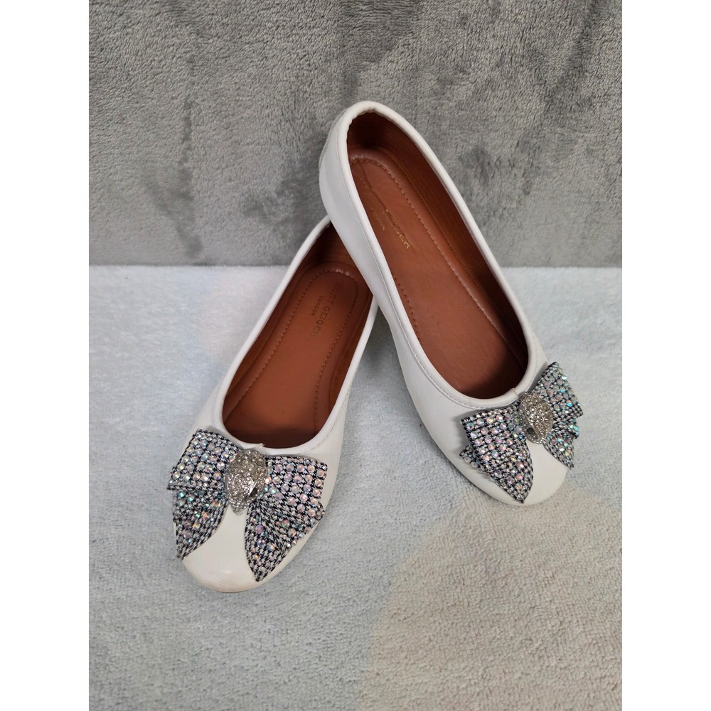 Kurt Geiger London Mini Kensington Ballerina White Leather Crystal Bow Flats 4M